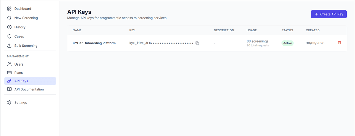 KYCer API key management